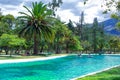 View of the lagoon, in the public park of La Carolina in the north of the city of Quito. Ecuador. Beautiful landscape.