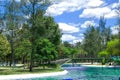 View of the lagoon, in the public park of La Carolina in the north of the city of Quito. Ecuador.