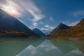 View from lake Akkem on mountain Belukha near board between Russia and Kazahstan during golden autumn Royalty Free Stock Photo