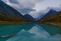 View from lake Akkem on mountain Belukha near board between Russia and Kazahstan during golden autumn Royalty Free Stock Photo