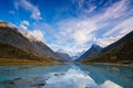 View from lake Akkem on mountain Belukha near board between Russia and Kazahstan during golden autumn Royalty Free Stock Photo