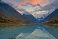 View from lake Akkem on mountain Belukha near board between Russia and Kazahstan during golden autumn Royalty Free Stock Photo