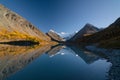 View from lake Akkem on mountain Belukha near board between Russia and Kazahstan during golden autumn Royalty Free Stock Photo