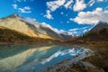 View from lake Akkem on mountain Belukha near board between Russia and Kazakhstan during golden autumn Royalty Free Stock Photo