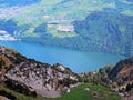 View of Lake Alpnachersee from the Pilatus mountain range in the Emmental Alps, Alpnach - Canton of Obwalden, Switzerland