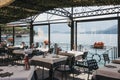 View of Lake Como from a seaside Plinio restaurant in Lenno, Italy. Royalty Free Stock Photo