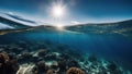 view of the lake A dark blue ocean surface seen from underwater. The water is clear and calm, and the sun is high Royalty Free Stock Photo