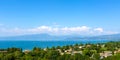 View of Lake Garda, summer landscape. Blue lake, mountayns Alps. Castelnuovo del Garda, Italy