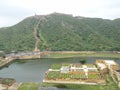View of the lake with gardens from the top of the Amber fort in Jaipur, India Royalty Free Stock Photo