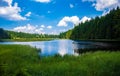 The view on a beautiful lake focuses on the clear sky and green grass