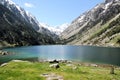 A view of the lake at Lac Du Gaube in the Pyrenees Royalty Free Stock Photo