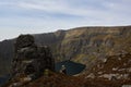 view of a lake between large rocks of a mountainous valley. Comeragh Mountains, Waterford, Ireland Royalty Free Stock Photo