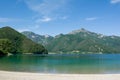 View of Lake Ledro with swimming ducks on the foreground. Trento, Italy Royalty Free Stock Photo