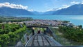 View of the lake Leman and the funicular Vevey-Mont-PÃÂ©lerin Royalty Free Stock Photo