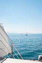 View of Lake Leman Geneva Lake on sunny summer day from open deck of modern boat Royalty Free Stock Photo