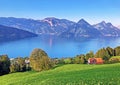 View of Lake Lucerne or Vierwaldstaetersee lake Vierwaldstattersee and Swiss Alps in the background from Buochserhorn mountain