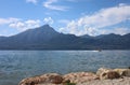 View of the lake and the mountain formation from the east side to the west side of the lake in beautiful weather with blue sky Royalty Free Stock Photo