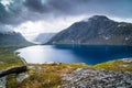 View of lake between Norwegian fjords and mountains with a green grass, blue water and cloudy sky Royalty Free Stock Photo