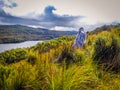 View of  Lake Pedder, Tasmania with autumn foliage in foreground with interesting bird-shaped clouds Royalty Free Stock Photo