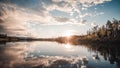 View of a lake with rays of sun illuminating all around and trees on the shore looking scenic