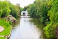 View of lake with Snake Fountain and Flora Pavilion in Sofiyivka park in Uman, Ukraine