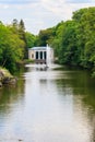View of lake with Snake Fountain and Flora Pavilion in Sofiyivka park in Uman, Ukraine