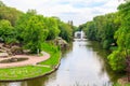 View of lake with Snake Fountain and Flora Pavilion in Sofiyivka park in Uman, Ukraine Royalty Free Stock Photo