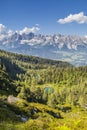 View from lake Spiegelsee to lake Untersee and mountain Dachstein