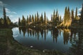 View from Lake on the summit of Mount Revelstoke across forest with blue sky and clouds. British Columbia Canada. Royalty Free Stock Photo