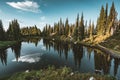 View from Lake on the summit of Mount Revelstoke across forest with blue sky and clouds. British Columbia Canada. Royalty Free Stock Photo