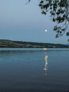 View of the lake after sunset, moonrise