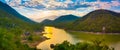 View of the lake at sunset. Panorama landscape Royalty Free Stock Photo