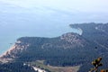 View of Lake Tahoe, buildings and shoreline from upper deck of Heavenly Gondola Royalty Free Stock Photo