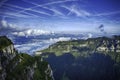 GView of Lake Thun and Bernese Alps including Jungfrau, Eiger and Monch peaks from the top of Niederhorn in summer, Switzerland Royalty Free Stock Photo