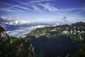 GView of Lake Thun and Bernese Alps including Jungfrau, Eiger and Monch peaks from the top of Niederhorn in summer, Switzerland Royalty Free Stock Photo