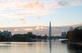 View of the Lakhta Center under construction and the park of the 300th anniversary of St. Petersburg on autumn day. Royalty Free Stock Photo