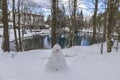 View of Lame lake in Aveto Valley with a snowman in winter time, in the hamlet of Rezzoaglio, province of Genoa, Italy Royalty Free Stock Photo