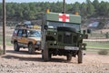 View of Land Rover Santana Ligero military ambulance model vehicle on a sunny day in Suria, Spain