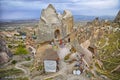 View landscape with ancient rock carved houses in Nevsehir turkish Kapadokya