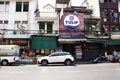 View landscape cityscape building downtown of Phahurat Little India market shop and life lifestyle of local thai people driving