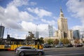 View landscape cityscape with Congress Hall or sala kongresowa warszawa Palace of Culture and Science and traffic road for people