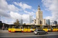 View landscape cityscape with Congress Hall or sala kongresowa warszawa Palace of Culture and Science and traffic road for people