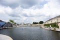 View landscape cityscape of Nakhonsawan at Khlong Yuan Chuan Rak canal and park with thai people travel visit leisure in Ban Ko