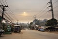 View landscape and cityscape of Pang Ma Pha city and mist or fog and traffic road with life of thai people in morning time while