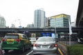 View landscape cityscape Thai and Japanese Friendship Bridge and high building tower office with thai people driving riding biking Royalty Free Stock Photo