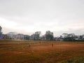 View landscape cityscape village and football soccer field of nepalese for nepali people playing ball at countryside rural at
