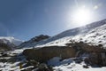 View landscape with Himalayas mountains range and Khardung La road pass winter season at Leh Ladakh in Jammu and Kashmir, India