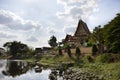 View landscape and Kae Dam temple near Kae Dam long wood bridge for thai people travel visit and praying at rural in Maha Sarakham