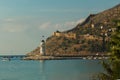 View of landscape and lghthouse of Alanya port with Turkish flag, Alanya, Turkey Royalty Free Stock Photo