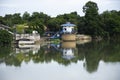 View landscape of Mae Klong river and cityscape old town Rat Buri city and house home riverside local life lifestyle of thai